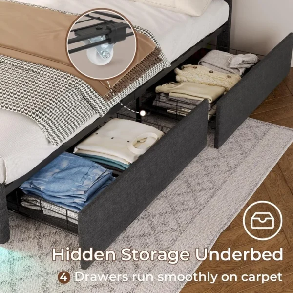 Queen Bed Frame with LED Lights Leather Platform Bed with Storage Drawers and Charging Station, Adjustable Headboard,Black - Image 6
