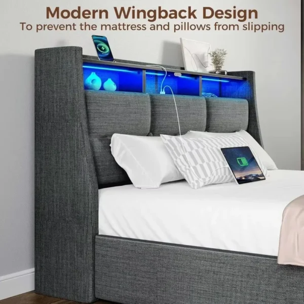 Beds Frame with LED Lights Charging Station,Upholstered Bed Storage Headboard,Drawers,Heavy Duty Wood Slats furniture bunk - Image 5