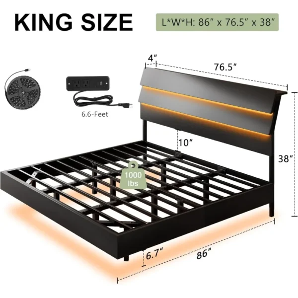 King Size Floating Bed Frame with Led Lights and Charging Station, Wood King Bed Frame with Storage Headboard - Image 2