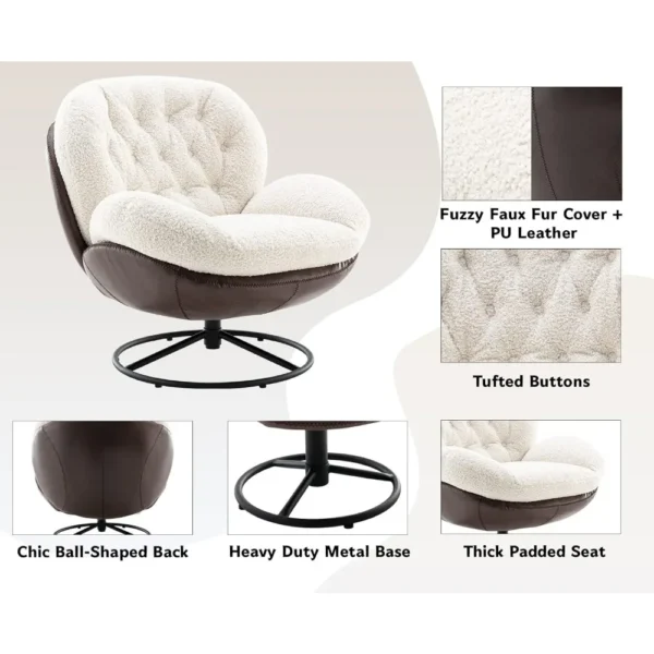 Swivel Accent Chair with Ottoman, Modern Faux Fur Living Room Lounge Chair Arm Chair with Footrest Heavy Duty Base Support - Image 5