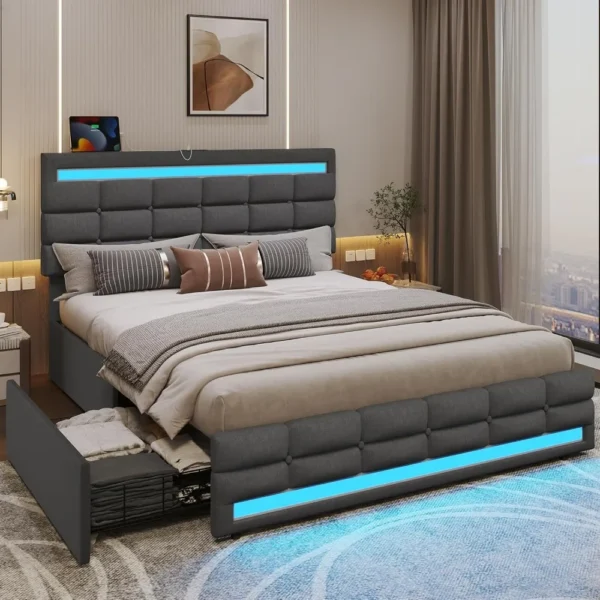 Queen Bed Frame with LED Lights Leather Platform Bed with Storage Drawers and Charging Station, Adjustable Headboard,Black