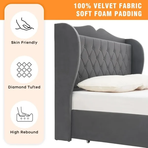 Bed Frame, 4 Storage Drawers and Charging Station Velvet Upholstered Bed with Tall Headboard and Storage Shelf, Bedroom Furnture - Image 6