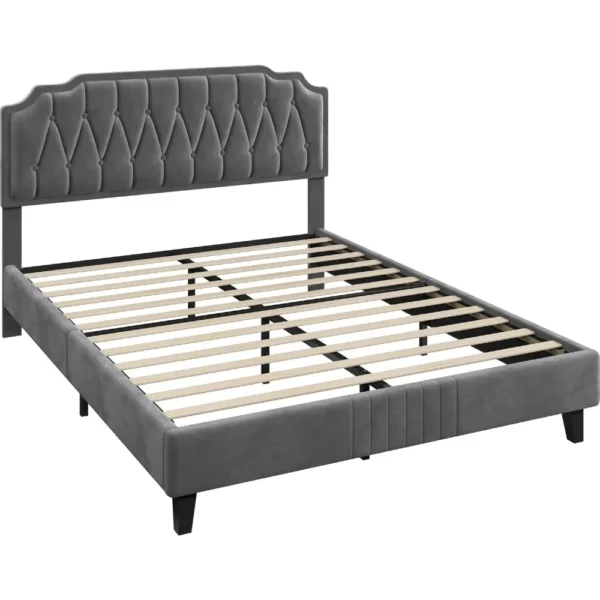 Queen Bed Frame Velvet Upholstered Platform Bed with Curved Headboard,No Box Spring Needed/Easy Assembly, Dark Gray Queen Bed - Image 4