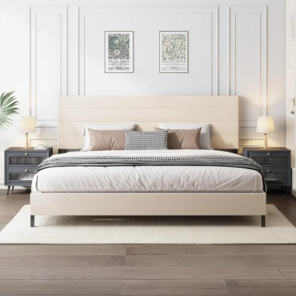 Bed Frame, Modern Upholstered Bed Frame with Adjustable Linen Headboard, Wooden Slats Support Platform King Size Bed Frame