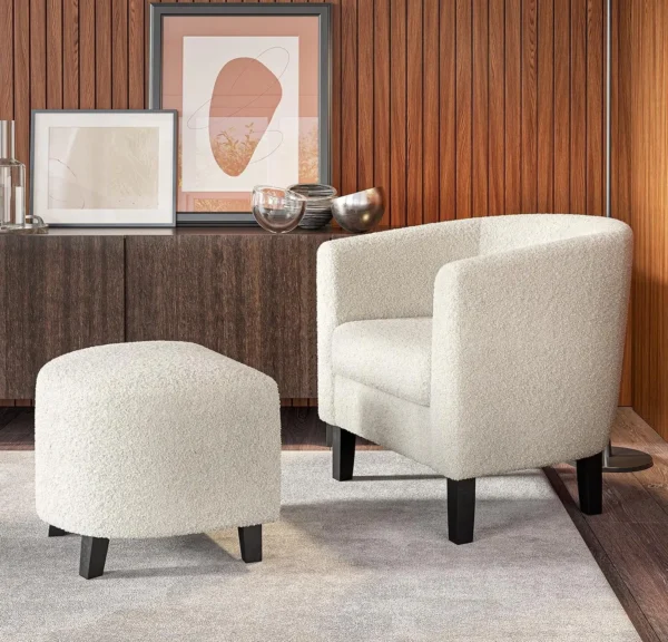 Accent Chair with Ottoman,Curved Back Living Room Chair,Stylish Barrel Club Chair and Footrest Set,Upholstered Round Tub Reading - Image 8