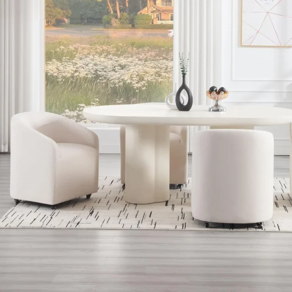 Set of 4 Modern White Upholstered Dining Chairs with Swivel Casters, Linen Barrel Back Accent Side Chair, Beige - Image 12