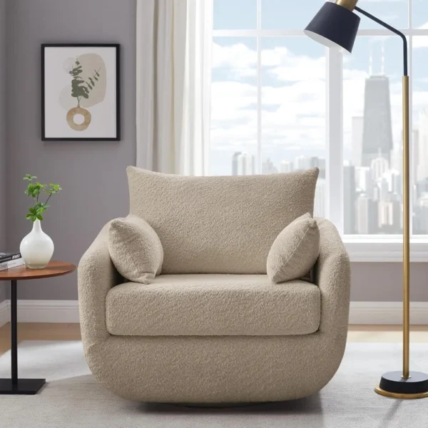 Swivel Accent Barrel Chair for Living Room with Pillow, Sherpa Sofa, seamless 360° rotation, Upholstered Boucle Single Armchair