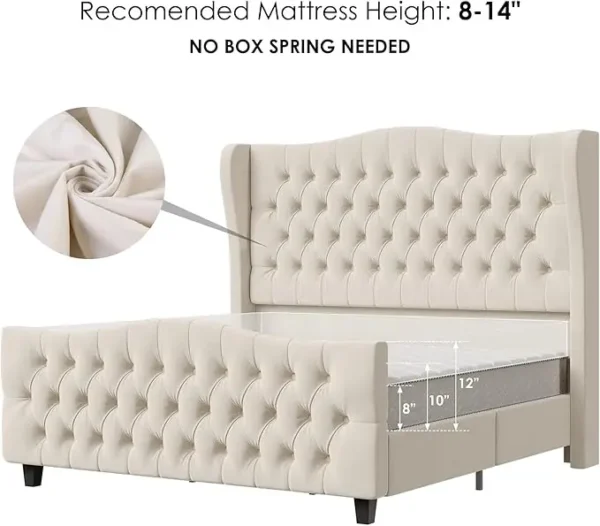 Full Size 54.3” Tall Platform Bed Frame with Deep Button Tufted Wingback Headboard and Footboard Velvet Upholstered Bed Frame - Image 6