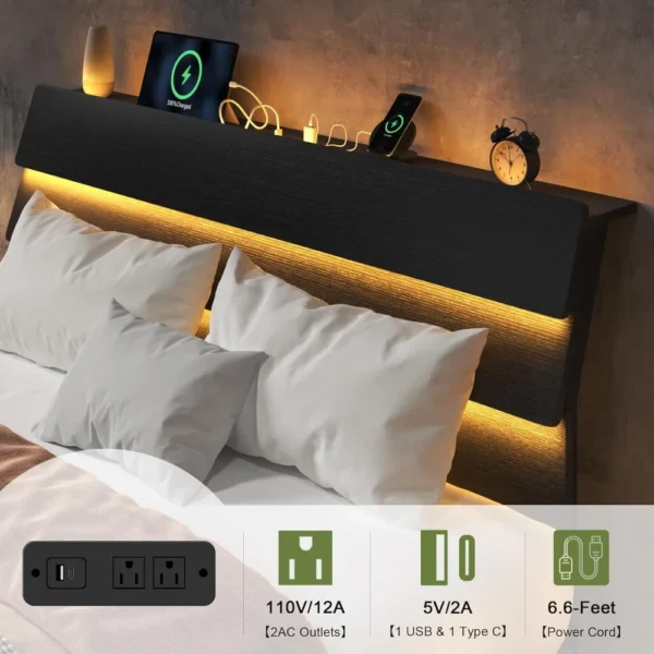 King Size Floating Bed Frame with Led Lights and Charging Station, Wood King Bed Frame with Storage Headboard - Image 3