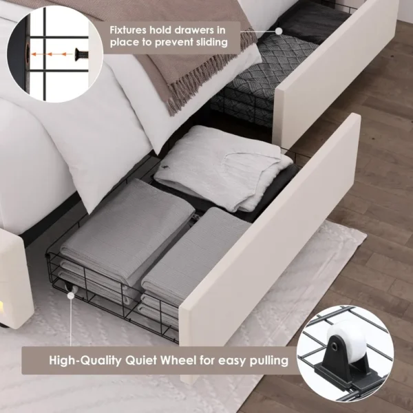 LED Bed Frame Charging Station and 4 Storage Drawers PU Upholstered Platform Bed  Handcrafted Crystal Button Wingback Headboard - Image 4