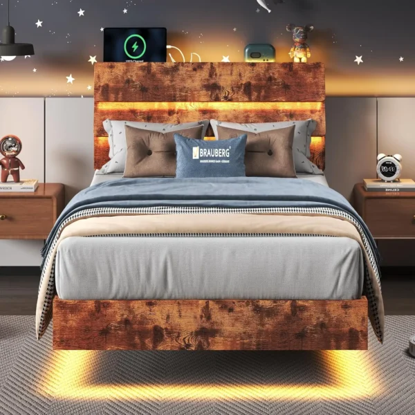 King Size Floating Bed Frame with Led Lights and Charging Station, Wood King Bed Frame with Storage Headboard - Image 8