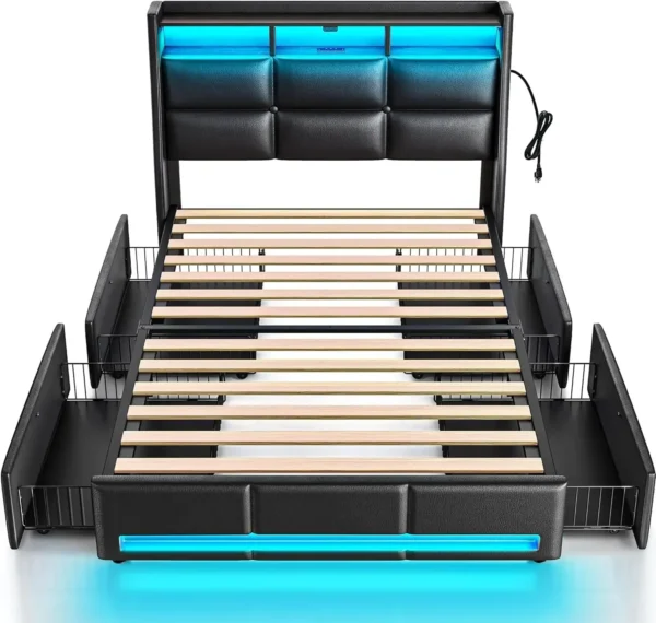 Beds Frame with LED Lights Charging Station,Upholstered Bed Storage Headboard,Drawers,Heavy Duty Wood Slats furniture bunk - Image 8