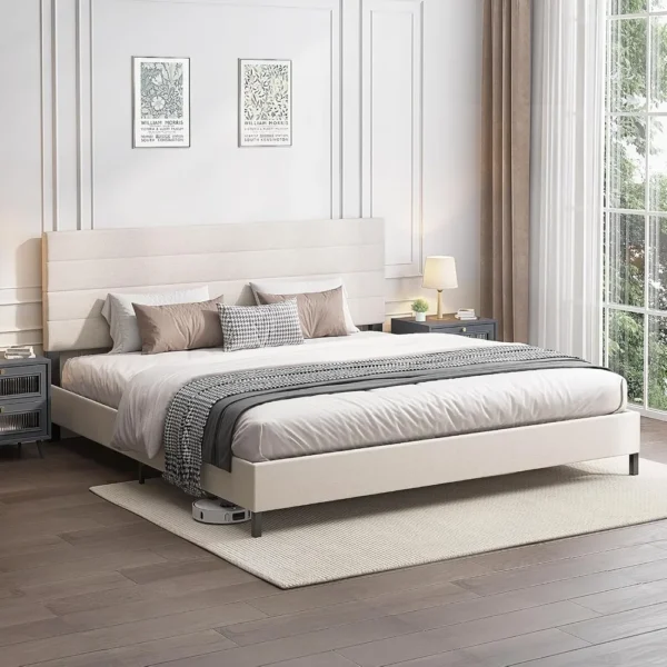Bed Frame, Modern Upholstered Bed Frame with Adjustable Linen Headboard, Wooden Slats Support Platform King Size Bed Frame - Image 2