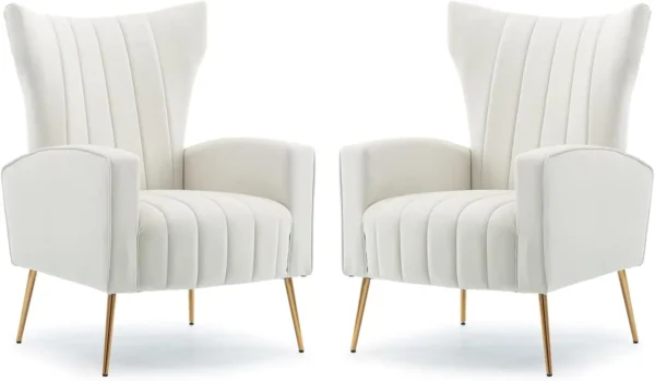 Accent Chair Set of 2, Velvet Wingback Armchair Modern Upholstered Single Sofa with Metal Legs for Living Room Bedroom Nursery