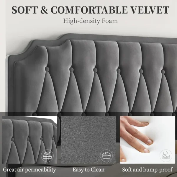 Queen Bed Frame Velvet Upholstered Platform Bed with Curved Headboard,No Box Spring Needed/Easy Assembly, Dark Gray Queen Bed - Image 5