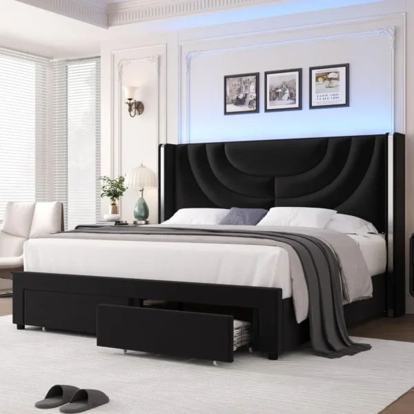 King Upholstered LED Bed Frame with 2 Storage Drawers, Velvet Platform Bed with Wingback Headboard, Solid Wooden Slats Support - Image 8
