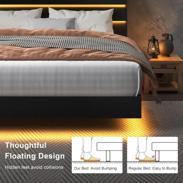 King Size Floating Bed Frame with Led Lights and Charging Station, Wood King Bed Frame with Storage Headboard - Image 4