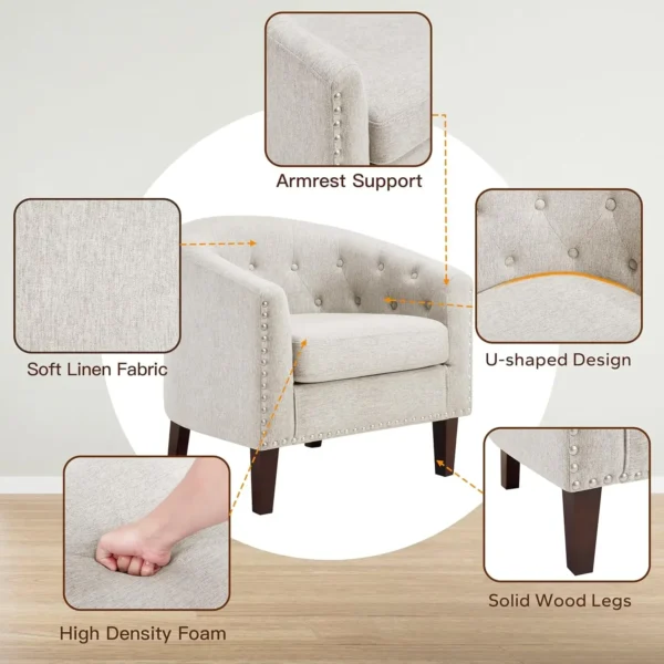 Accent Barrel Chairs Set of 2,Comfy Fabric Club Chair ArmChair with Thicken Cushion,Button-tufted Backrest & Nailhead Trim,Beige - Image 6