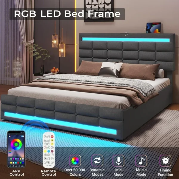 Queen Bed Frame with LED Lights Leather Platform Bed with Storage Drawers and Charging Station, Adjustable Headboard,Black - Image 4
