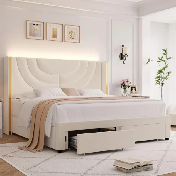 King Upholstered LED Bed Frame with 2 Storage Drawers, Velvet Platform Bed with Wingback Headboard, Solid Wooden Slats Support - Image 7