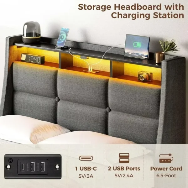 Beds Frame with LED Lights Charging Station,Upholstered Bed Storage Headboard,Drawers,Heavy Duty Wood Slats furniture bunk - Image 4