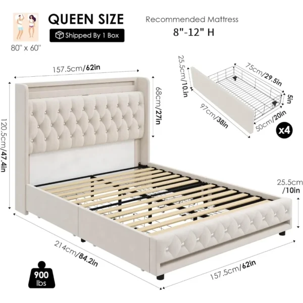 LED Bed Frame Charging Station and 4 Storage Drawers PU Upholstered Platform Bed  Handcrafted Crystal Button Wingback Headboard - Image 3
