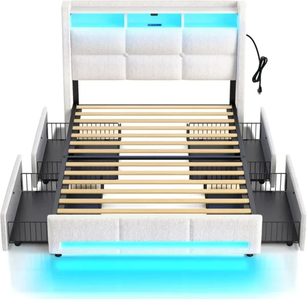 Beds Frame with LED Lights Charging Station,Upholstered Bed Storage Headboard,Drawers,Heavy Duty Wood Slats furniture bunk - Image 7