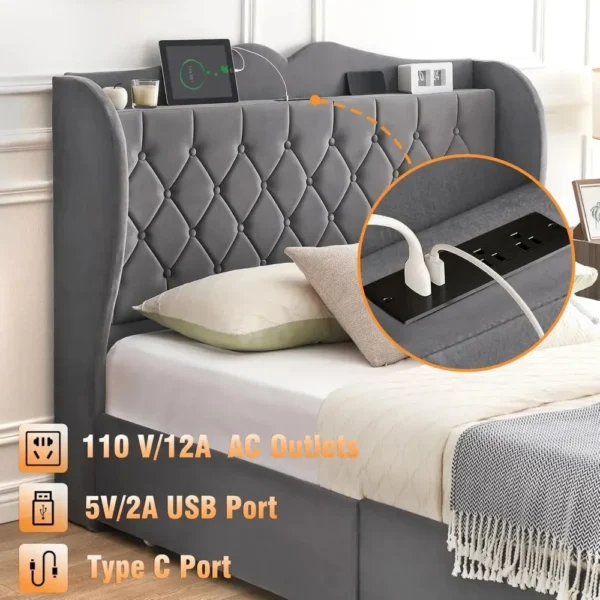 Bed Frame, 4 Storage Drawers and Charging Station Velvet Upholstered Bed with Tall Headboard and Storage Shelf, Bedroom Furnture - Image 4