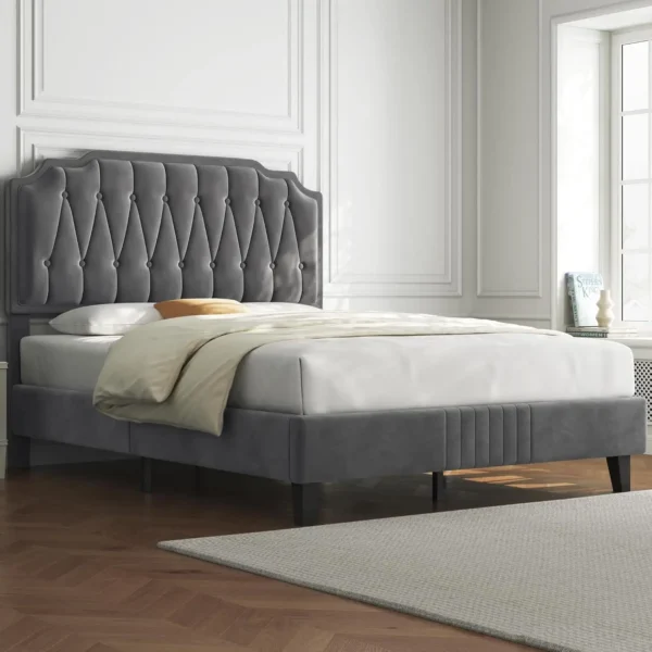 Queen Bed Frame Velvet Upholstered Platform Bed with Curved Headboard,No Box Spring Needed/Easy Assembly, Dark Gray Queen Bed - Image 7